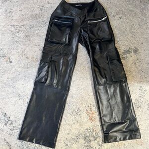 Black Faux Leather Cargo Pants